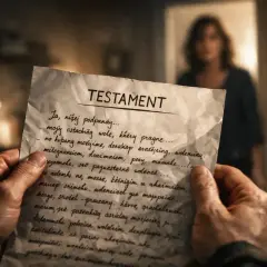 Ręce trzymają dokument "TESTAMENT", zapowiadający zapewnienie spadkowe. W tle niewyraźna postać kobiety.