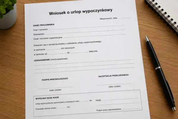 Wniosek o urlop wypoczynkowy. Dokument zawiera pola na dane pracownika, termin urlopu, uzasadnienie, podpisy i akceptację przełożonego. To ważny krok przed planowanym urlopem.