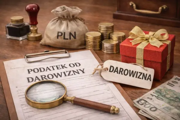 Dokument "Podatek od darowizny" obok prezentu, worka z PLN i monet. Czy synowa zapłaci podatek od darowizny?